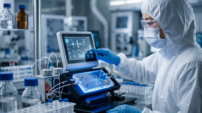 Asian female scientist operating microfluidic device in modern biotechnology lab.