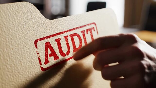 Hand pointing to audit red stamp on paper document folder. Close-up of tax inspection and accounting files on office desk. Business compliance and finance concept