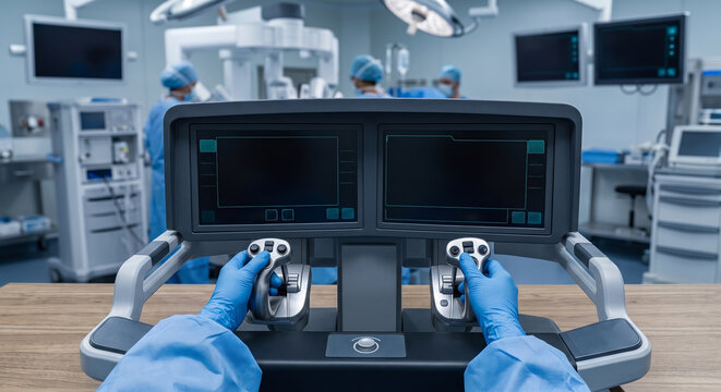 Surgeon operating robotic surgical console with gloved hands inside operating room.