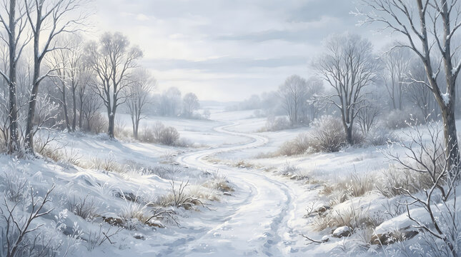 Winding snowy road through winter landscape with bare frost covered trees and rolling hills in gentle daylight, scenic tranquil seasonal background Illustration.