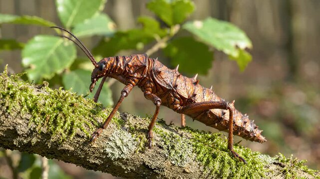 A Rare Spiny Stick Insect Clinging to a Mossy Tree Branch in a Lush Forest Ecosystem