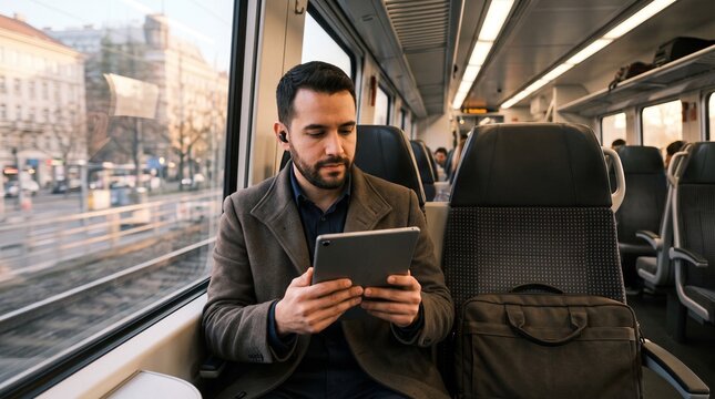 Caucasian young adult man using digital tablet during train commute.