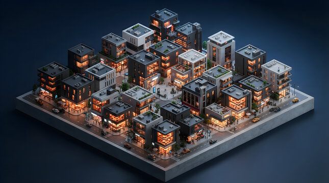 Modern modular city block isometric 3d render with glowing windows