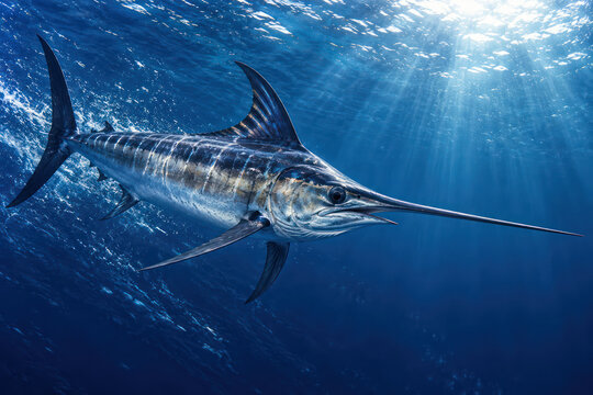 Swordfish Swimming Through Deep Blue Ocean With Long Bill