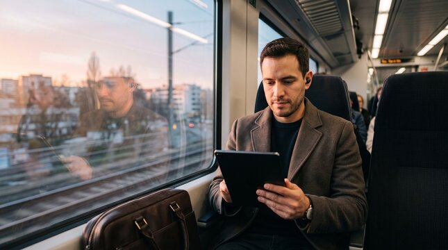 Young adult man using digital tablet while commuting on train.