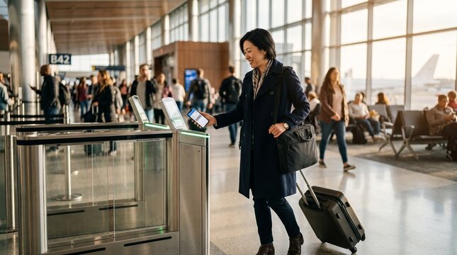 Asian woman scanning digital boarding pass on smartphone at airport gate.
