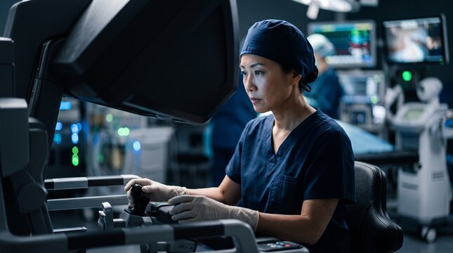 Asian female surgeon using robotic surgery system in hospital operating room.