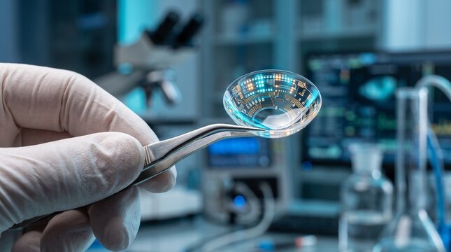 Researcher holding smart contact lens with microcircuitry in a high-tech laboratory.