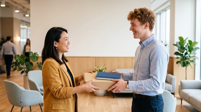 Asian businesswoman giving a package to a Caucasian colleague in a modern office.