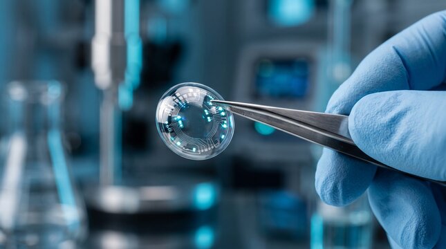 Gloved hand holding a smart contact lens with microchips in a high-tech laboratory.