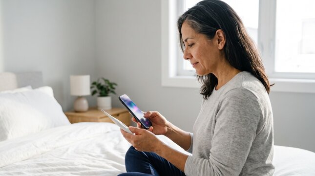 Middle aged woman holding digital thermometer and checking smartphone on bed.