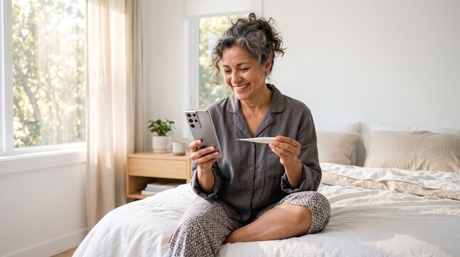 Mature woman checking thermometer and using smartphone on bed