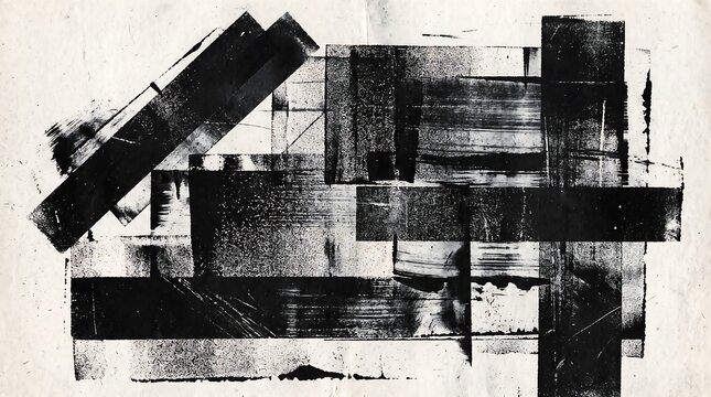Abstract black ink roller strokes forming geometric shapes on old white paper