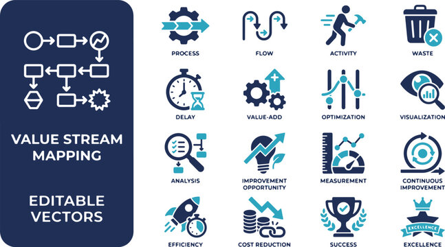Value Stream Mapping, Lean Manufacturing, and Process Optimization Flat Vector Icon Set.