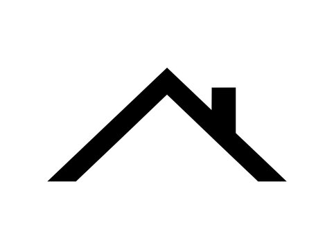 Minimalist house roof icon with chimney, black geometric home rooftop vector, simple real estate construction logo element on white background