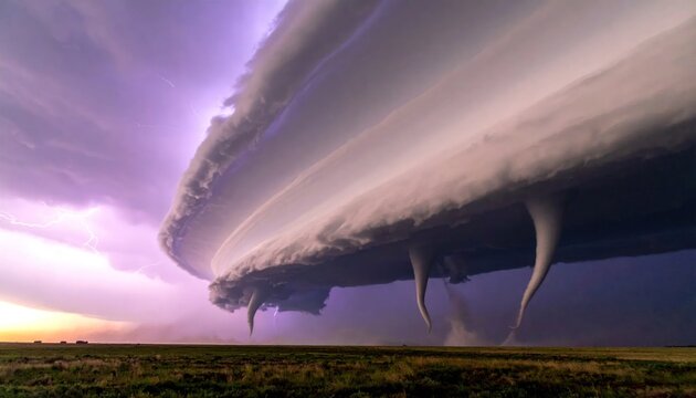 Severe supercell storm with twin tornadoes in rural field.