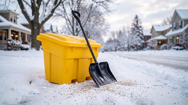 Yellow grit bin with black snow shovel on snowy residential street for winter ice control and road safety