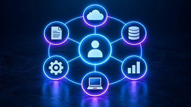 Centralized user ecosystem network with glowing digital icons for cloud storage and data analytics