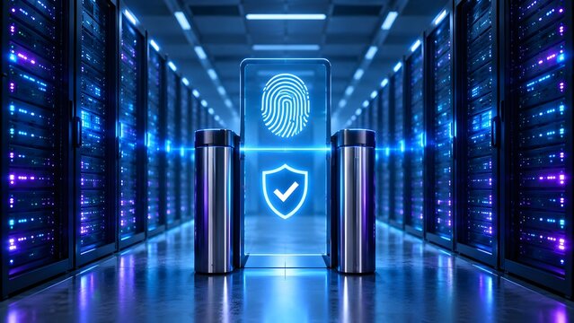 Biometric security gate restricting access to futuristic datacenter and cloud server infrastructure