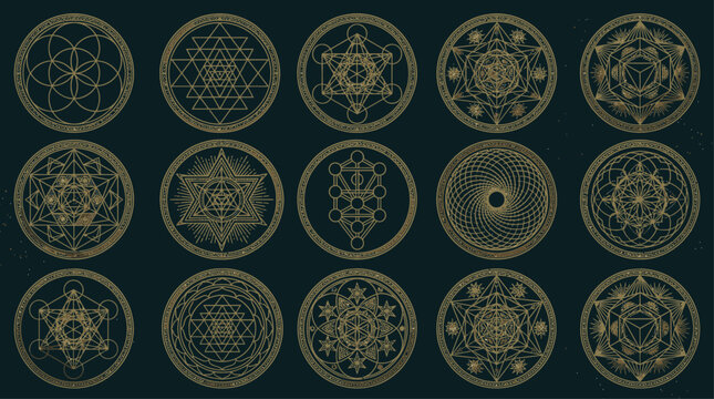 Sacred geometry vector set featuring golden esoteric symbols, mystical mandalas, and spiritual geometric circles on dark background