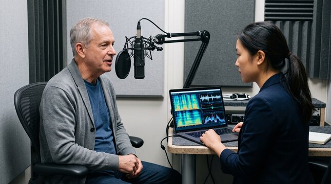Senior caucasian man recording a podcast with a young asian woman in a studio.