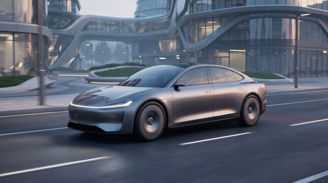 Modern Silver Electric Sedan Driving on Futuristic City Boulevard at Sunset