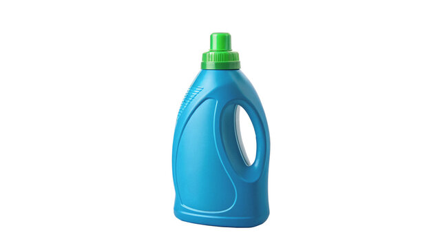 Blue plastic laundry detergent bottle chemical container handles isolated on transparent background.