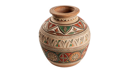Traditional rustic round handmade clay ceramic pot container isolated on transparent background.