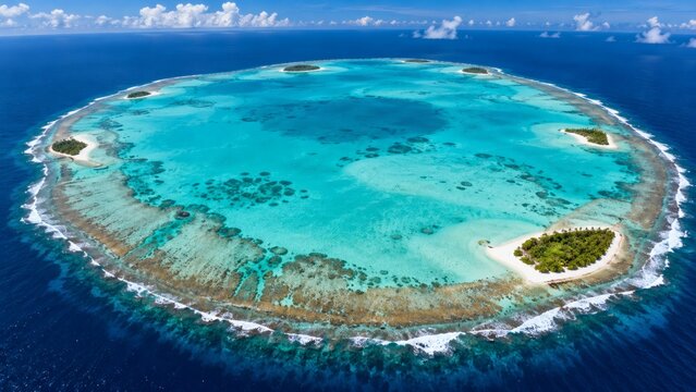 Aerial view of a stunning tropical coral atoll surrounded by deep blue ocean and white sand.
