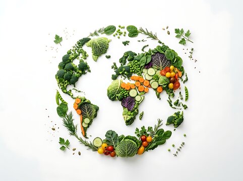 A world map constructed from fresh vegetables and leafy greens sits against a clean white background agriculture broccoli cabbage carrots