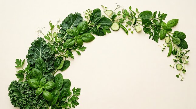 An arrangement of fresh kale basil cucumber and pea shoots creates a curved border on a neutral background peas herbs