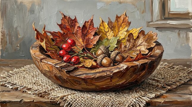 Wooden bowl filled with dried autumn leaves, acorns, and red berries on a table