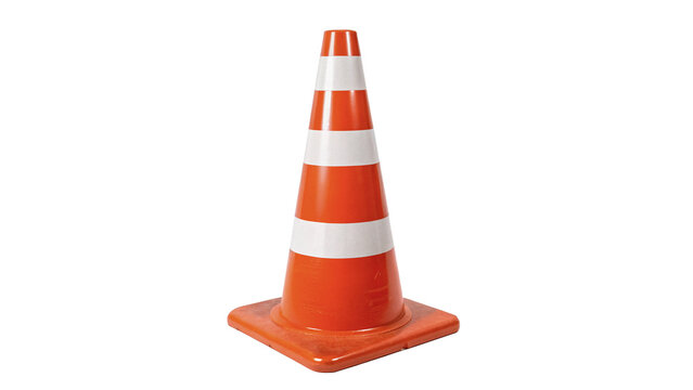 Orange and white plastic traffic road safety cone isolated on transparent background.