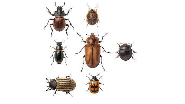 Grid collection layout of various wild insects bugs isolated on transparent background.