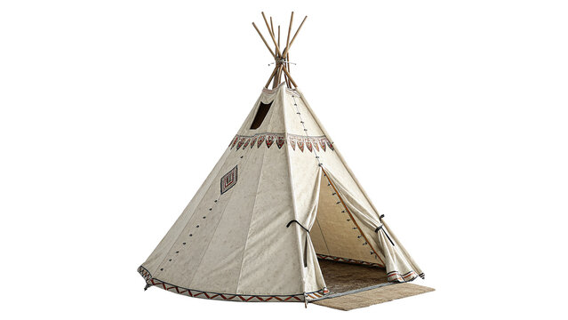 Small rustic fabric textile Indian teepee wigwam tent isolated on transparent background.