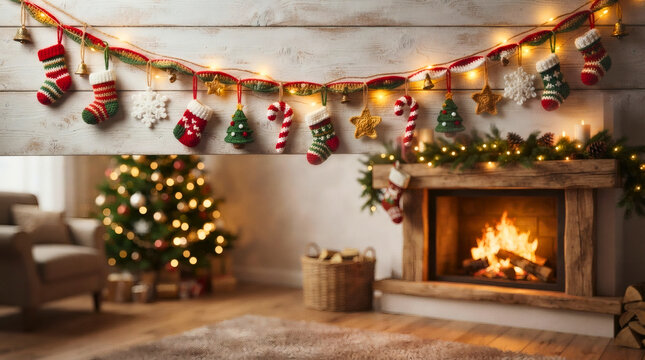 Cozy Christmas Living Room Featuring Festive Stockings Hanging Over A Glowing Warm Fireplace With A Decorated Pine Tree