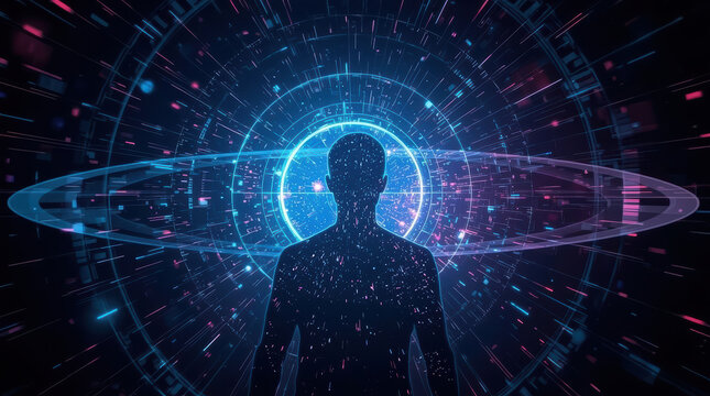 Futuristic human silhouette glowing digital network expresses anxiety and technology