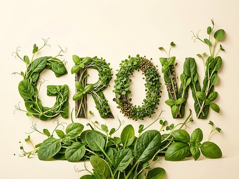 The word grow is creatively spelled with various green leaves and plant stems against a neutral backdrop botanical foliage greenery