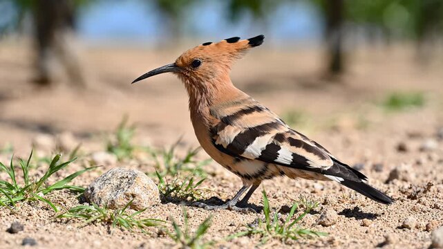 Eurasian Hoopoe Bird Foraging on Sandy Ground With Rock and Sparse Grass, Wildlife Footage