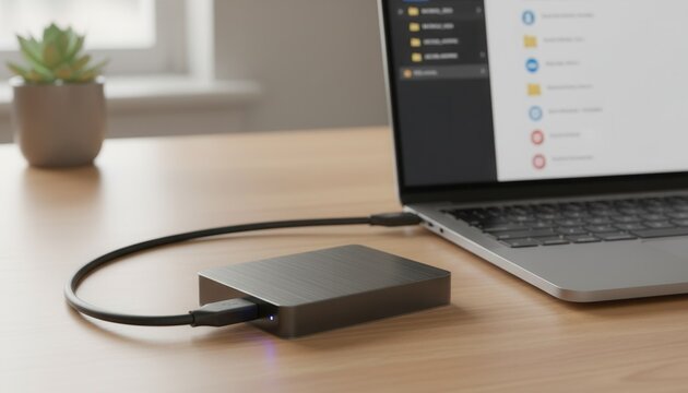 External portable hard drive connected with cable to laptop resting on wooden desk illustrating offline secure storage