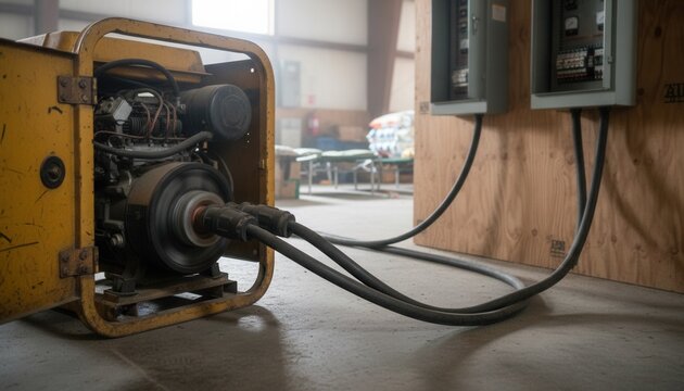 Heavy duty portable generator running inside temporary community shelter with heavy gauge power cables connected to distribution panels