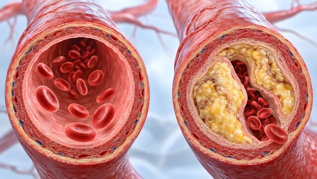 Perspective cross section comparison of healthy artery and artery affected by atherosclerosis