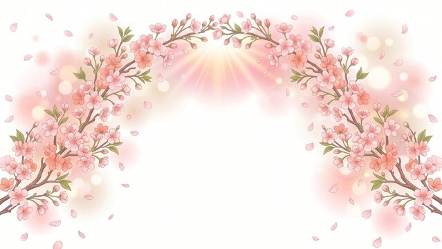 Luxury spring cherry blossom background with floral arch frame falling petals bokeh lights and copy space for banner design