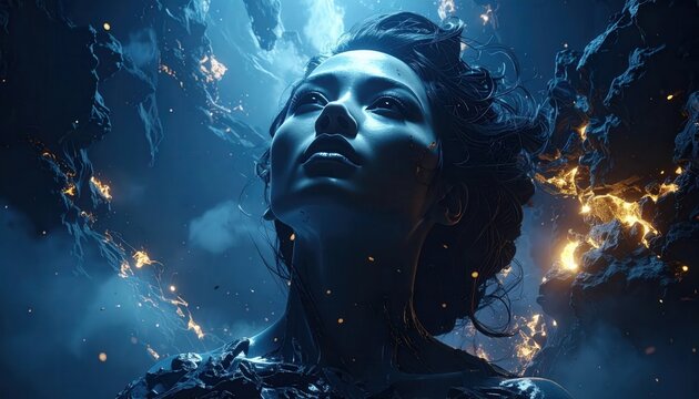 Cinematic low angle shot of a woman looking upward at a magical dark abyss filled with floating embers and golden light to show wonder and discovery