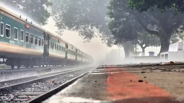 Passenger Train Moving Through Heavy Rain