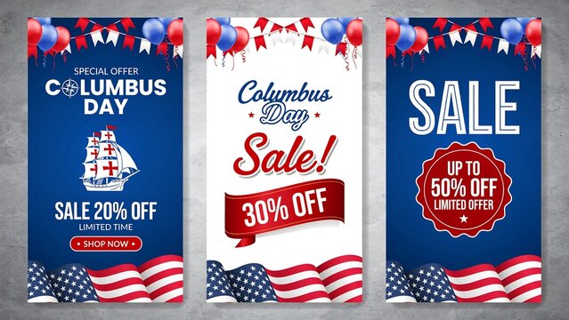 Columbus Day retail sale banners utilizing patriotic american theme elements like flags balloons and bunting for high converting social media ad campaigns.