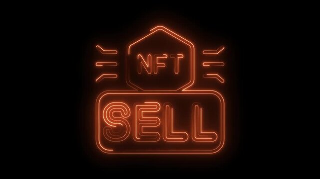 Glowing nft sell concept animation on black background for crypto art marketplace