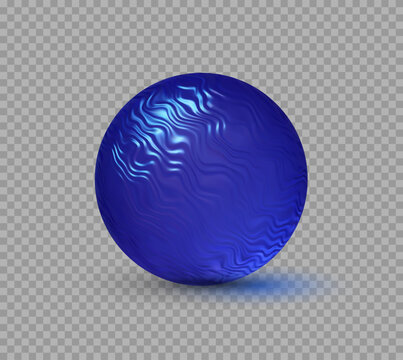 Deep blue 3D sphere with rippled, wavy surface texture and glowing cyan highlights. Glossy dark blue material ball with curved surface for 3D shader material previews and texture catalog