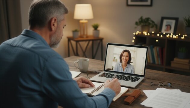Middle aged man participating in a video call therapy session on a laptop at a wooden desk jotting notes in a notebook at home