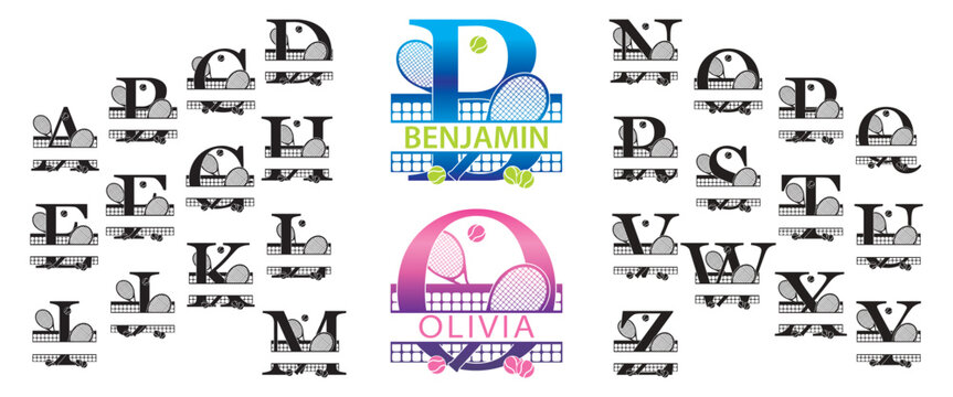 Tennis split monogram. Alphabet with tennis rackets, tennis balls, a net and letters of the alphabet with a blank space for your personalization.